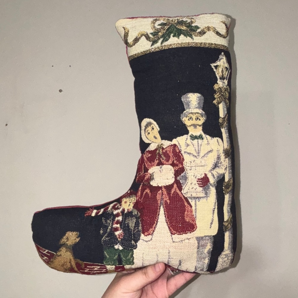 Vtg Tapestry Christmas Stocking Pillow Victorian Couple Dog Holiday Decor 14"
